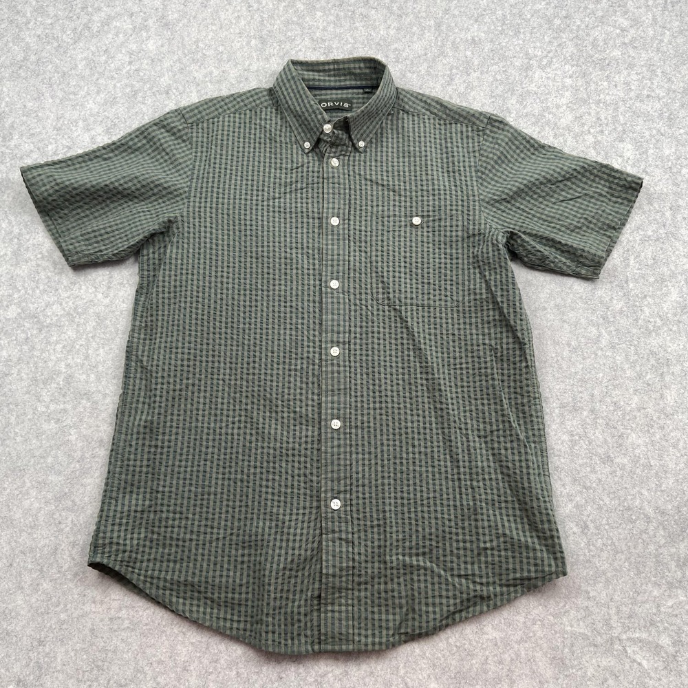 Orvis Shirt Mens Medium Green Check Short Sleeve Button Down Cotton Casual